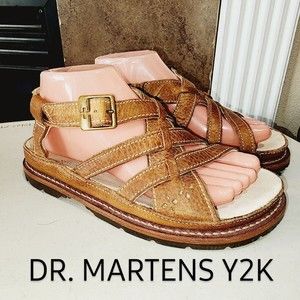 DR. MARTENS 12512 Floral Brown Leather Multi Strap Cut Out Flat Sandals US 8 Y2K